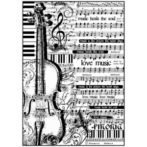 Stamperia A4 Rice Paper - Sheet Music with Violin (black & white print)
